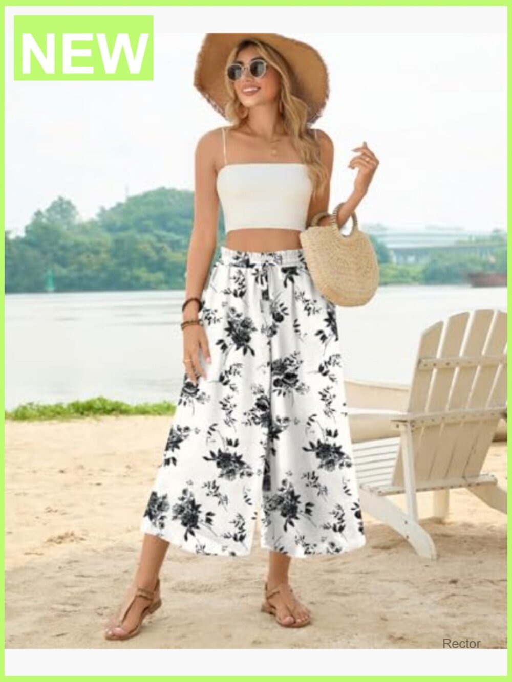 Womens Wide Leg Palazzo Flowy Gaucho Capri Pants with Pockets Drawstring - Picture 2 of 7